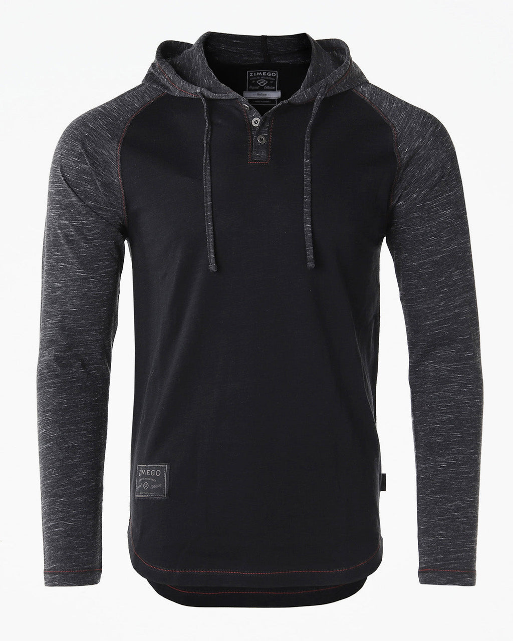 ZIMEGO Long Sleeve Raglan Henley Round Bottom Hood T-Shirts - BLACK / BLACK-2