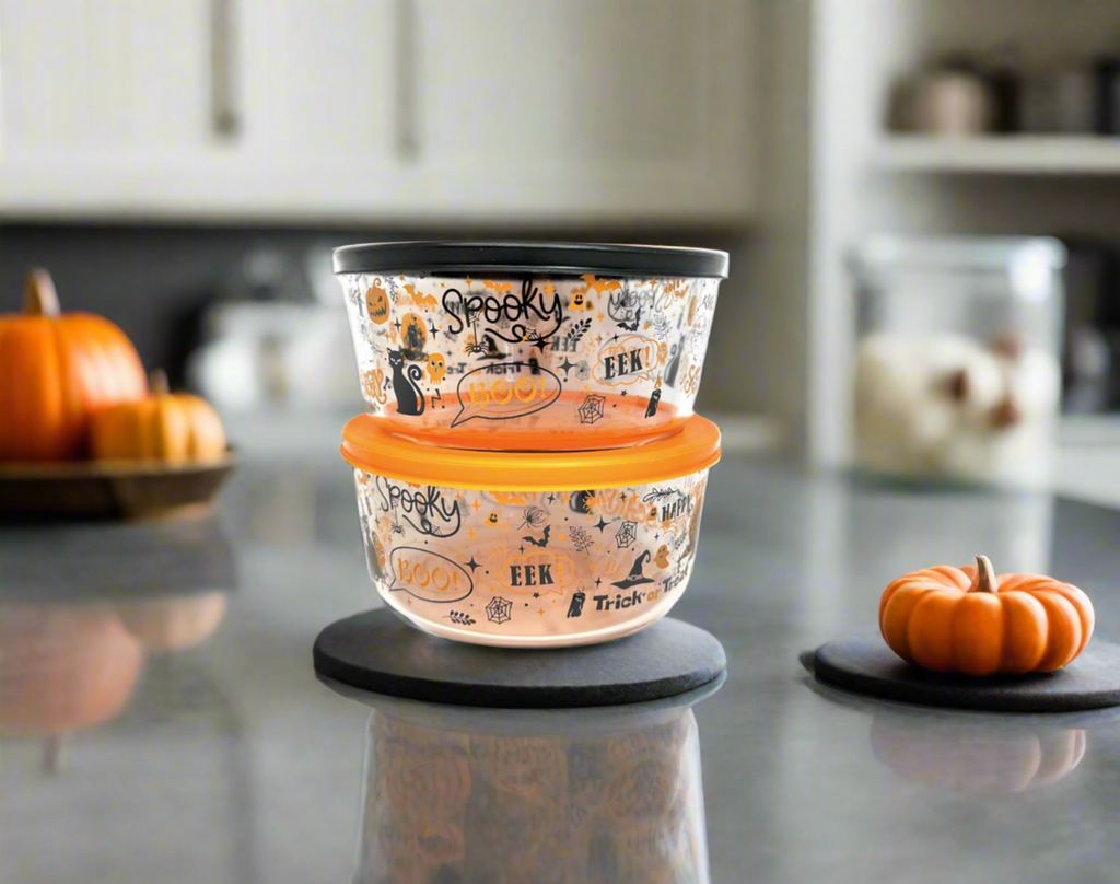 Dura Living Halloween Glass Food Storage Containers - 4 Piece 4 Cup Set (2 Containers + 2 Lids)-1