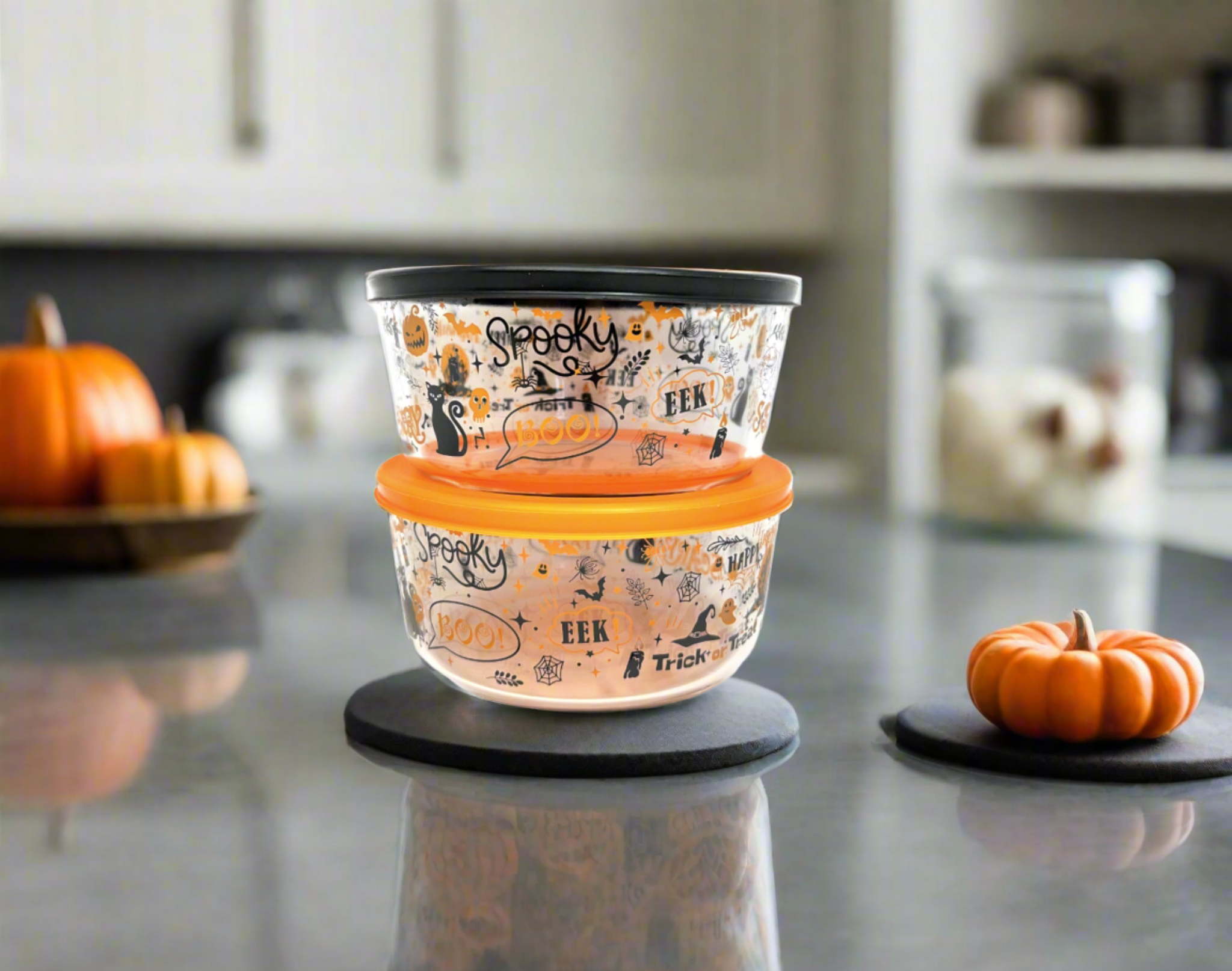 Dura Living Halloween Glass Food Storage Containers - 4 Piece 4 Cup Set (2 Containers + 2 Lids)-1